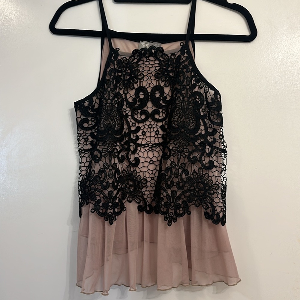 ASOS Dusty Pink Mesh Top with Black Lace Overlay